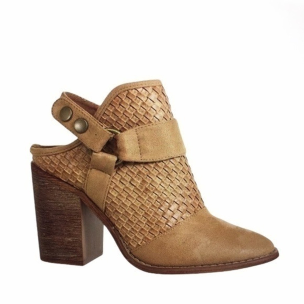 Beige Woven Chunky Heel Slingback Booties 8.5 Almond Toe Mule Ankle Boots Boho